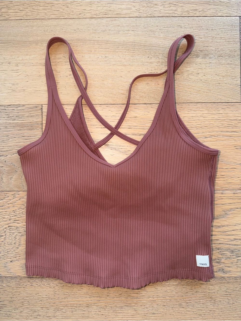 Vuori Ribbed Cross-Strap Crop Top Small in Cinnamon